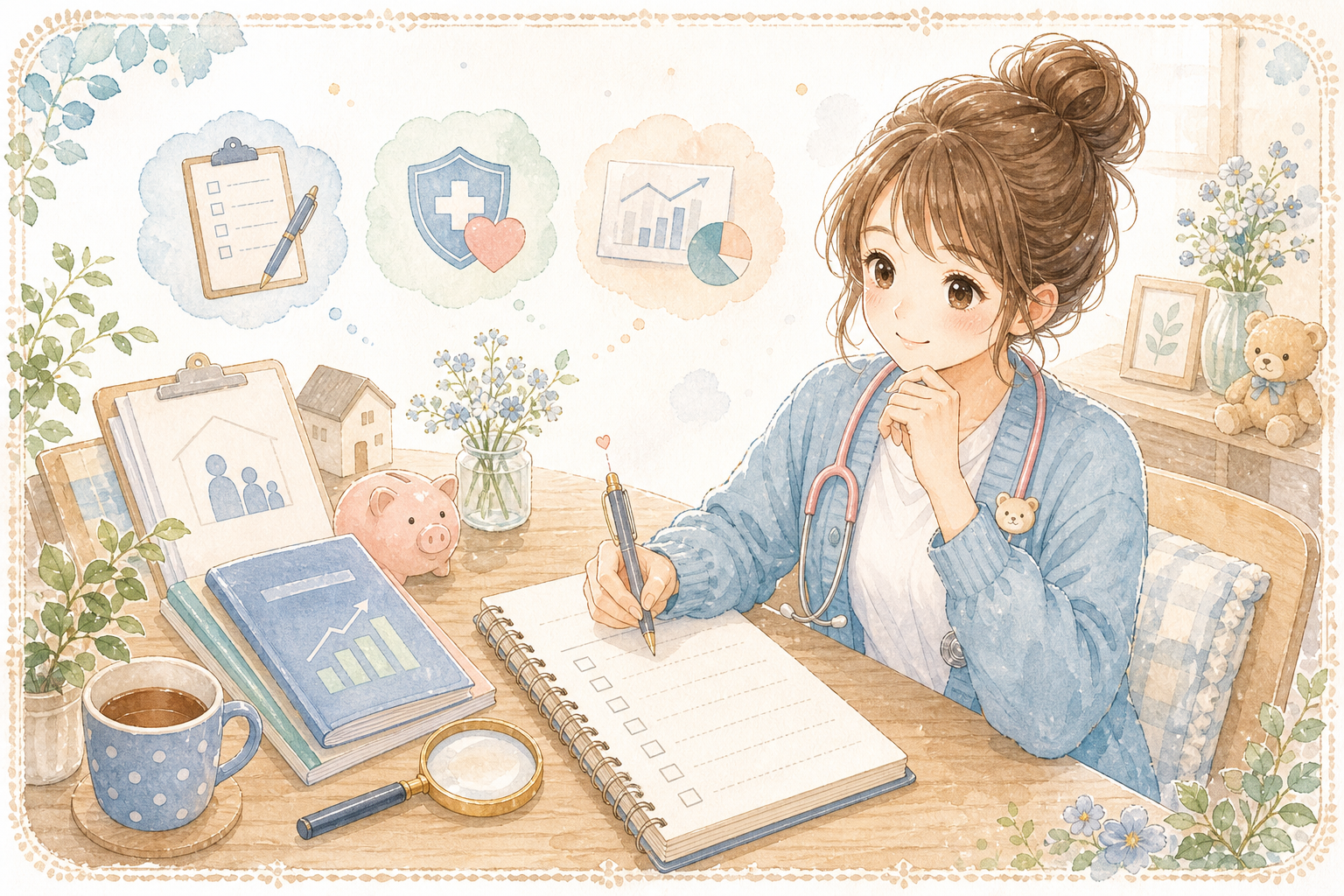 無料FP相談前に確認するチェックリストの水彩イラスト