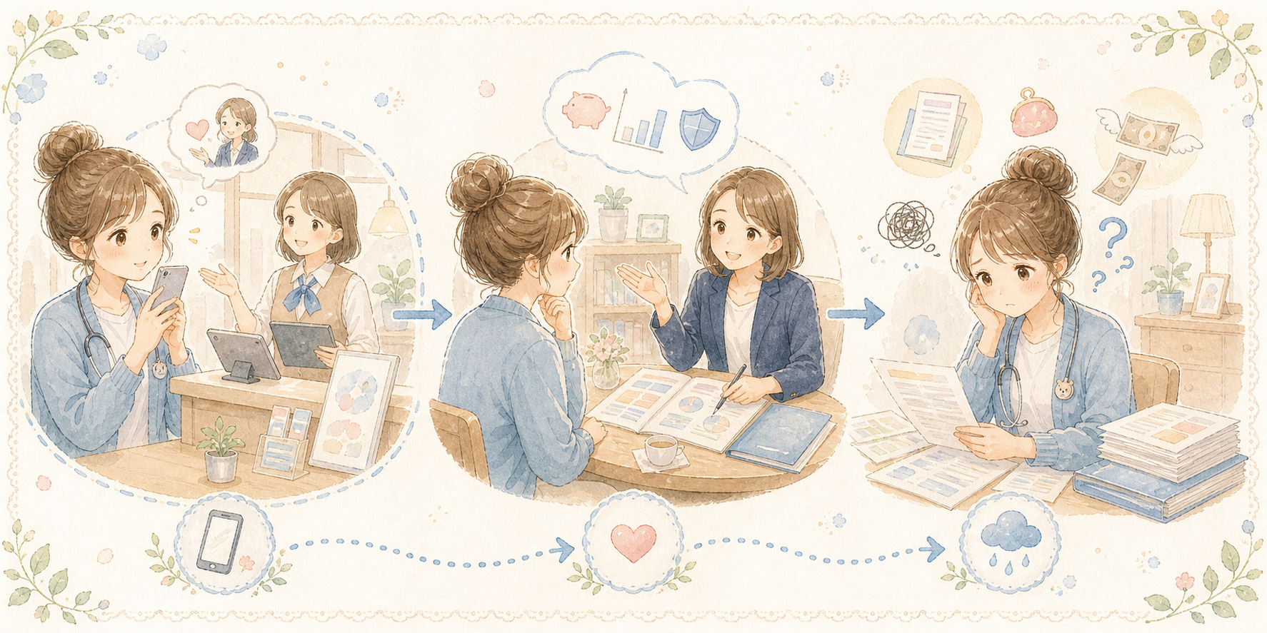 無料FP相談から保険契約までの流れの水彩イラスト