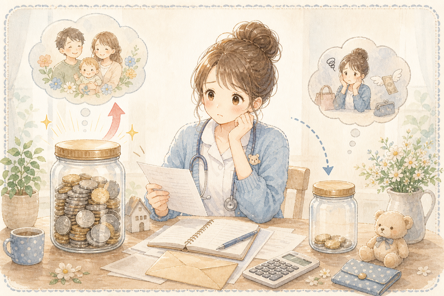 保険解約でお金が減ったことを表す水彩イラスト